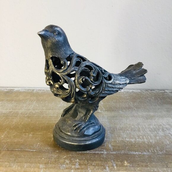 Brown and gold bird with hollow body with scrolls on a round base figurine decor - Picture 3 of 6